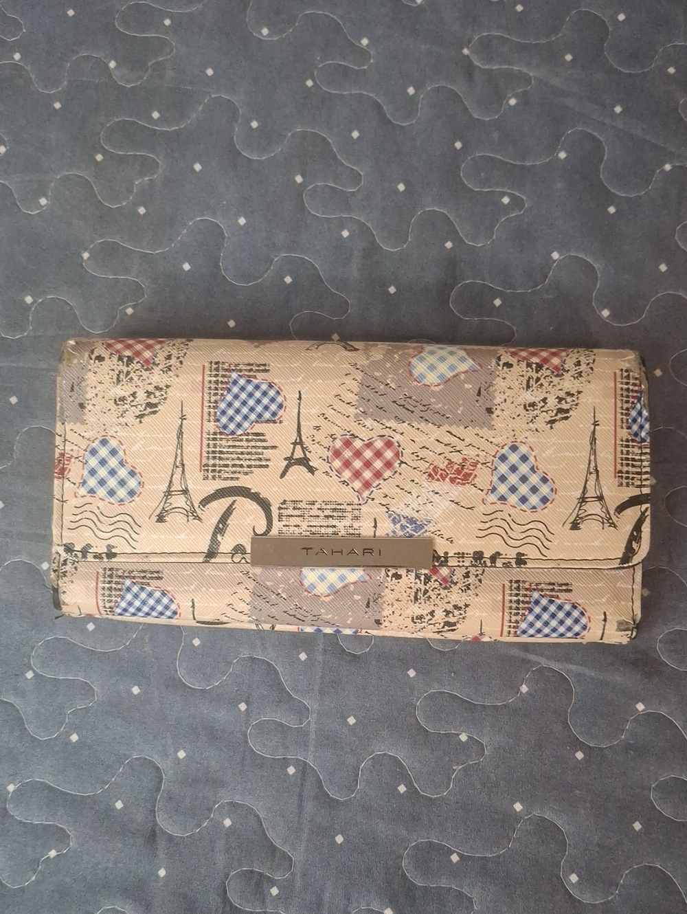 Tahari Beige Wallet with Blue & Red Heart Accents
